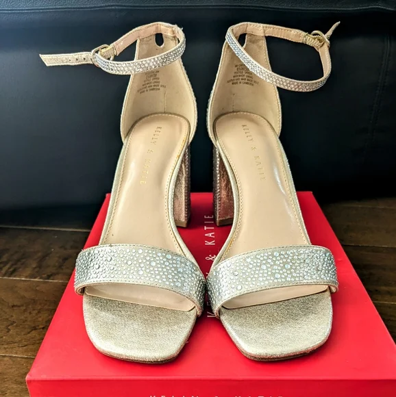 Gold Rhinestone Block Sandals - Picture 2 of 3